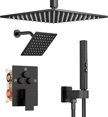 Shower Faucet Set Black Shower System, Ceiling Mount 12 Inch Shower Head With Wall Mount 6 Inch Shower Head and 2 in 1 Handheld Spray, Push Button Diverter Shower Valve Trim Kit Complete