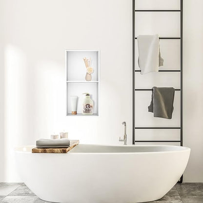 Neodrain No Tile Shower Niche, Stainless Steel Wall Niche 13.1"X25.1"(Inner Size 12"X24"), Two-Tier Bathroom Shelf, NO Tile Needed Recessed Storage for Bathroom Storage, White