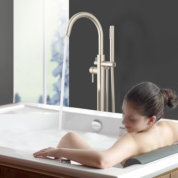 Freestanding Bathtub Faucet Waterfall Tub Filler Brushed Nickel Floor Mount Brass Single Handle Bathroom Faucets with Hand Shower (Electroplating color, Water in the side)