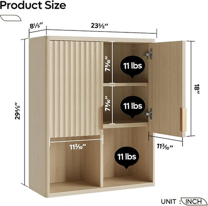 Bestier Fluted Bathroom Wall Cabinet Over The Toilet Storage, 23"x 29" Medicine Cabinet with Adjustable Shelf, Laundry Cabinet Wall Mounted and Kitchen Storage Cabinet(Natural Oak)