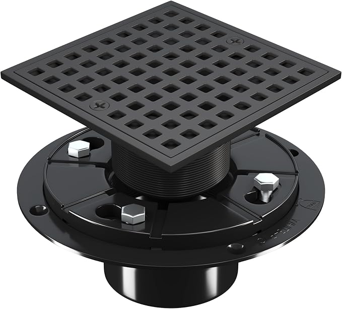 4 Inch Square Shower Floor Drain, Matte Black 304 Stainless Steel Shower Floor Drain Kit with ABS Flange for 2" or 3" Pipe, Removable Grid Cover Hair Strainer Catcher,CUPC Certified