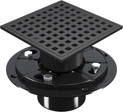 4 Inch Square Shower Floor Drain, Matte Black 304 Stainless Steel Shower Floor Drain Kit with ABS Flange for 2" or 3" Pipe, Removable Grid Cover Hair Strainer Catcher,CUPC Certified