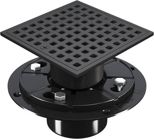 4 Inch Square Shower Floor Drain, Matte Black 304 Stainless Steel Shower Floor Drain Kit with ABS Flange for 2" or 3" Pipe, Removable Grid Cover Hair Strainer Catcher,CUPC Certified