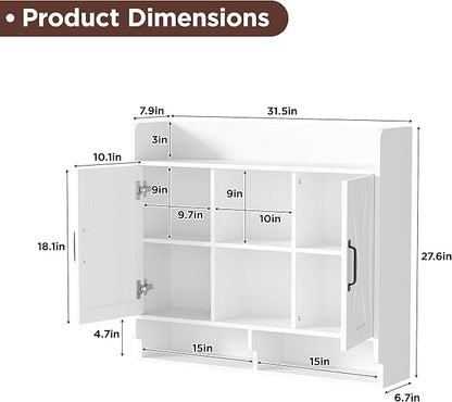 White Bathroom Wall Cabinet, Wall Mount Storage Cabinet, Floating Medicine Cabinet with 4 Open Shelves and 6 Deep Cabinets Over The Toilet for Laundry Room, Kitchen
