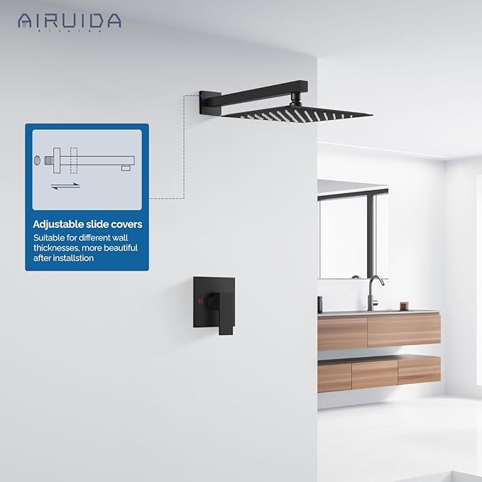 Airuida Shower Faucet Set Bathroom Rain Shower System SUS304 Stainless Steel Single Handle With Male Threads Rough-in Valve Shower Trim Kit 10 Inch Wall Mount Shower Head Matte Black