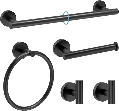 Matte Black Bathroom Accessories, Bathroom Hardware Set, SUS304 Stainless Steel Bathroom Towel Bar Set with 24 Inch Towel Holder, 2 Towel Hooks, Toilet Paper Holder, Towel Ring