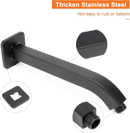 HarJue Shower Arm with Flange and Teflon Tape, Wall Mounted Square Shower Pipe 304 Stainless Steel Extension Arm for Fixed Shower Head & Handheld Shower (10 Inch, Matte Black)