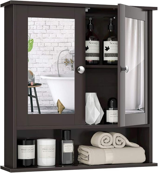 Tangkula Bathroom Medicine Cabinet with Mirror, Wall Mounted Wooden Hanging Organizer with Doors and Shelves, Bathroom Wall Mirror Cabinet (Mirror Doors, Brown)