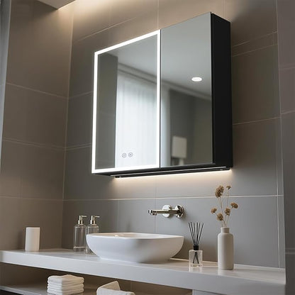Lighted Medicine Cabinet with Mirror, 28 x 30 inch LED Bathroom Cabinet with Anti-Fog, Dimmable 3 Colors Front & Bottom Light, Buit-in Sockets & USBs, 2 Shelves, Plug-in or Hardwired