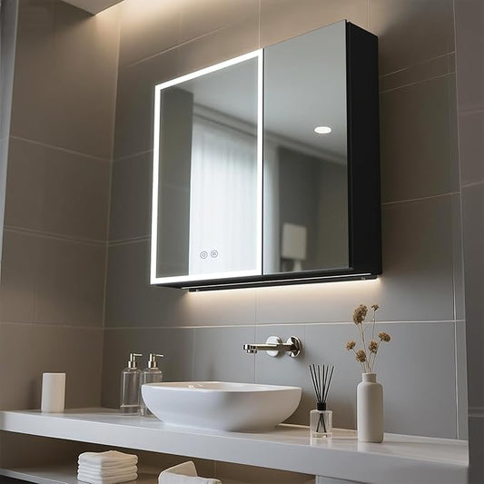 Lighted Medicine Cabinet with Mirror, 28 x 30 inch LED Bathroom Cabinet with Anti-Fog, Dimmable 3 Colors Front & Bottom Light, Buit-in Sockets & USBs, 2 Shelves, Plug-in or Hardwired