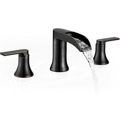 Oil Rubbed Bronze Waterfall Tub Faucet 3 Hole, Brass High Flow Roman Bathtub Faucet, Widespread Bathtub Faucets 6-16 Inch 2 Handle Deck Mount