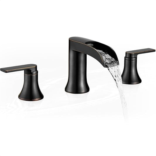 Oil Rubbed Bronze Waterfall Tub Faucet 3 Hole, Brass High Flow Roman Bathtub Faucet, Widespread Bathtub Faucets 6-16 Inch 2 Handle Deck Mount