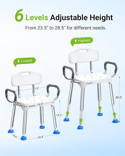 Widened Shower Chair for Inside Shower with Back & Arms,400 lbs Heavy Duty & Adjustable Shower Chair for Elderly and Disabled, Non-Slip Shower Seat, Tub Bath Chair, Tool-Free