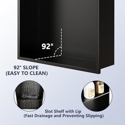 Stainless Steel Shower Niche, 12" x 24" No Tile Needed Recessed Wall Niche with Shelf for Bathroom Storage (Matte Black)