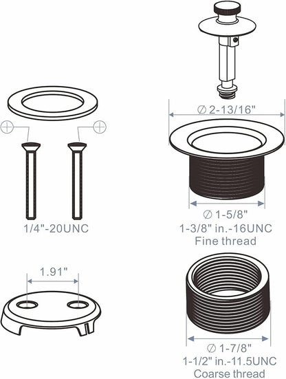 Chrome Tub Drain Lift &Turn Tub Trim Set with Two-Hole Overflow Faceplate Conversion Kit Assembly, Hidrop Bathtub Drain Replacement Trim Kit and Universal Fine/Coarse Thread, Chrome Plated
