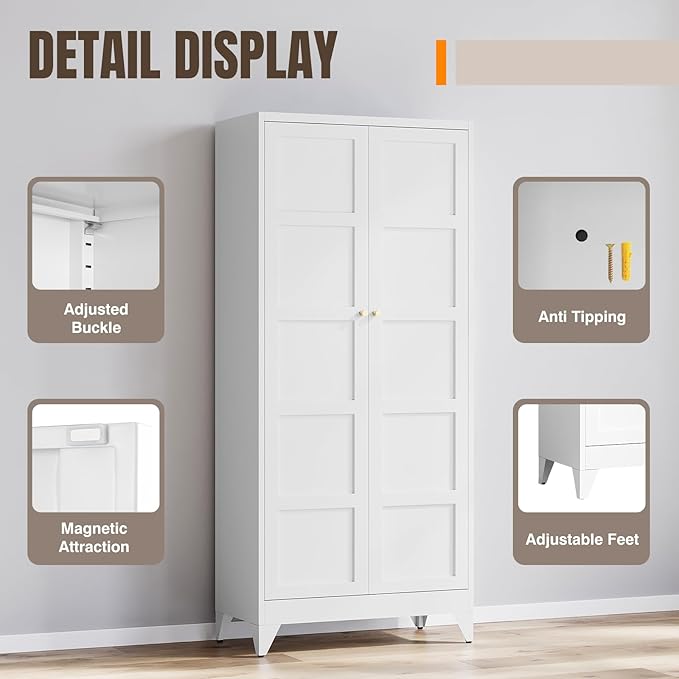 Yizosh Metal Storage Cabinet with 2 Doors and 4 Adjustable Shelves,- 72" White Kitchen Pantry Storage Cabinet for Kitchen,Living Room,Dining Room