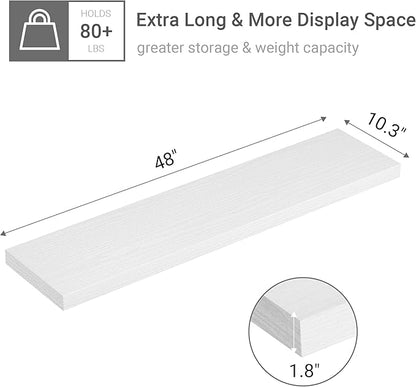 Vivelove Single Floating Shelves 48 Inches, 48 x 10 inch Deep x 1.8 in Thick, Long Wall Shelves Heavy Duty 80 lbs for Bedroom, Living Room, Kitchen, Office, Modern Shelf Book Home Decor, White