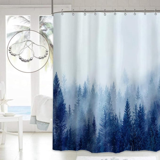 ORTIGIA 84 Inch Extra Wide Blue Misty Forest Shower Curtain for Bathroom, Nature Woodland Shower Curtain Set with Hooks, Decorative Pine Tree Fog Magic Bath Curtain, Waterproof Fabric, 84x72