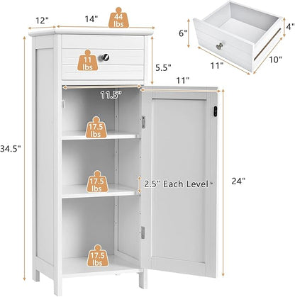 COSTWAY Bathroom Storage Cabinet, Single Door Floor Cabinet with Drawer and 3-Level Adjustable Shelves, Modern Side Storage Organizer with Anti-Tipping Device for Living Room, Bedroom (White)