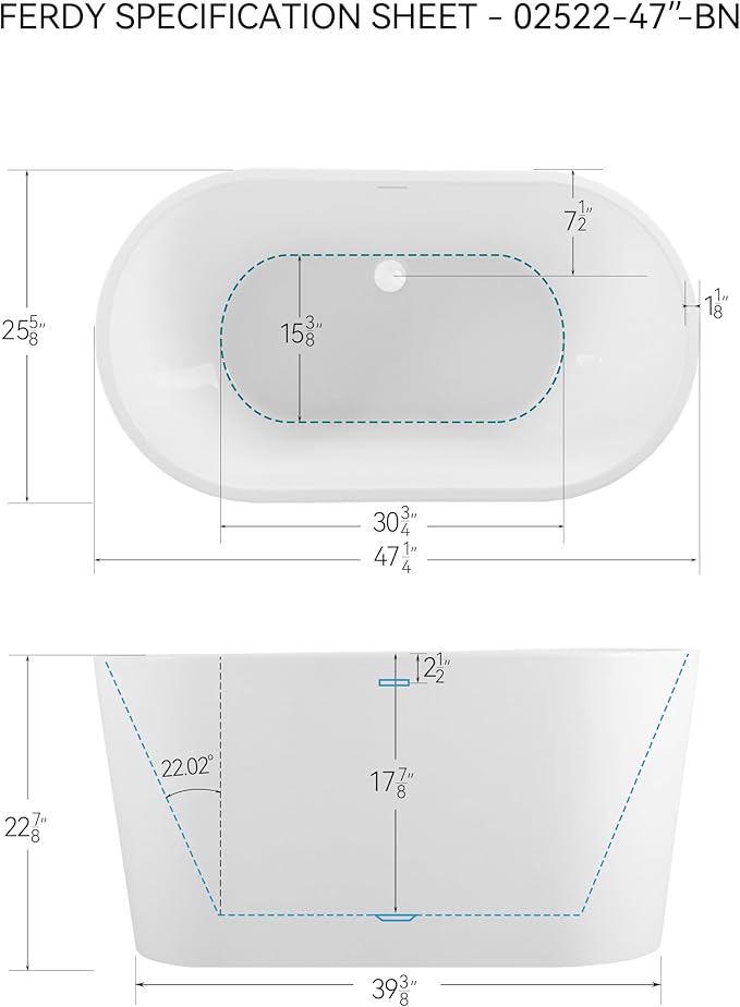 FerdY Shangri-La 47" Acrylic Freestanding Bathtub, Small Classic Oval Shape Acrylic Soaking Bathtub with White Drain & Minimalist Linear Design Overflow, Modern White, cUPC Certified