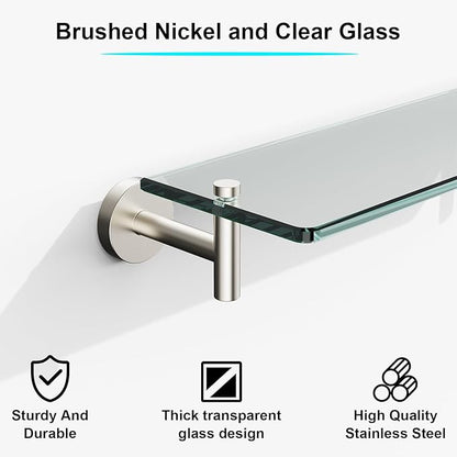 Glass Shelves for Bathroom,16-Inch Brushed Nickel Floating Bathroom Shelf Stainless Steel Tempered Glass Shelf Modern Shelves Wall Mounted