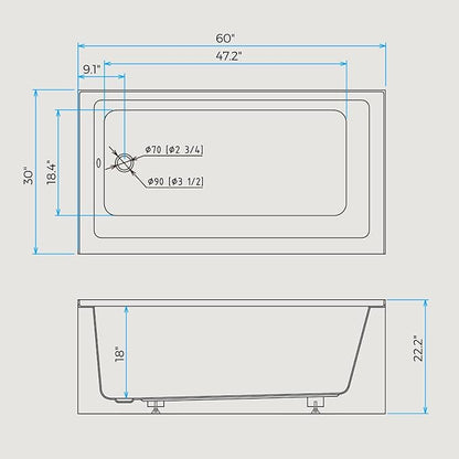 Acrylic Alcove Bathtub 60×30 Inch Drop-In Bathtubs – Left Hand Drain & Overflow, Space-Saving Drop-In Soaking Tub with Skirted Front, Recessed Bathtubs Ideal for Apartment or Guest Bathroom