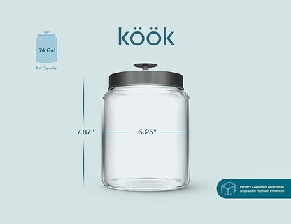 KooK Glass Kitchen Canister Set, Food & Storage Containers for Pantry, Bathroom Apothecary Jars, Tinplate Lids, Counter Organizers, 0.74 Gallon, Black, Set of 2