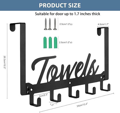 Over The Door Hooks, Towel Rack Towel Hooks for Bathroom, Towel Holder for Hanging Heavy Duty, Door Rack Over Door Hanger with 5 Coat Hooks for Bedroom Bathroom Kitchen, Black