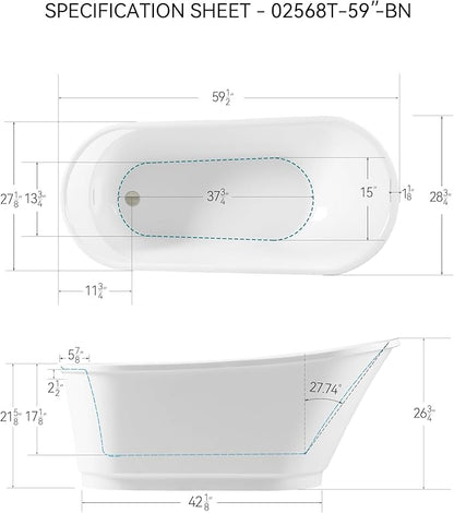 FerdY Langkawi 59" Acrylic Freestanding Bathtub, White Modern Stand Alone Soaking Bathtub, cUPC Certified, Brushed Nickel Drain and Minimalist Linear Design Overflow Included
