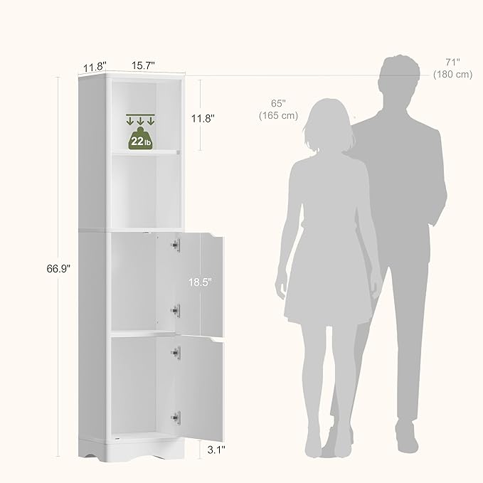67" Tall Bathroom Organizer and Storage, Narrow Storage Cabinet with 2 Doors and 4 Shelves, Freestanding Floor Storage Unit,15.7" W x 11.8" D x 66.9" H, White