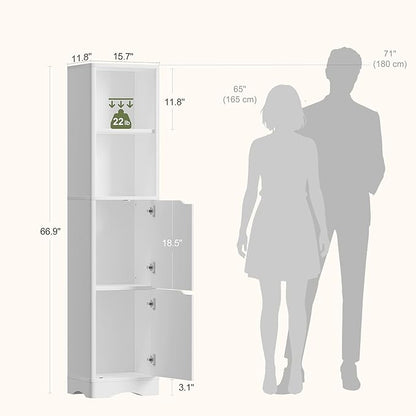 67" Tall Bathroom Organizer and Storage, Narrow Storage Cabinet with 2 Doors and 4 Shelves, Freestanding Floor Storage Unit,15.7" W x 11.8" D x 66.9" H, White