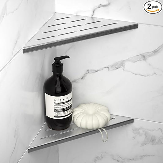8'' Corner Shower Shelf 2PCS, 304 Stainless Steel Recessed Bathroom Shelves for Tiled Wall, Grout in Shelf, No Drilling Needed (8'', Silver)