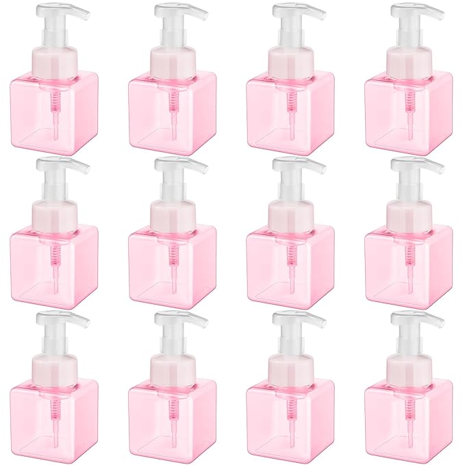 Domensi 12 Pcs Foam Pump Bottle Foaming Soap Dispenser Empty Travel Foaming Dispenser 8.5 oz Refillable Hand Soap Plastic Pump Bottle Travel Clear Container for Bathroom Vanities (Pink)