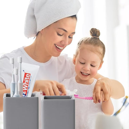 Grey Square Toothbrush Holders for Bathrooms - 2 Cups Ceramic Toothbrush Toothpaste Holders Set, White Square Bathroom Tumbler Cups Reusable Toothbrush Mouthwash Cup, Bathroom Counter Organizer.