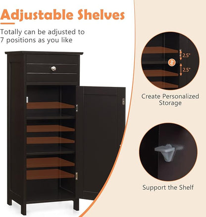 COSTWAY Bathroom Storage Cabinet, Single Door Floor Cabinet with Drawer and 3-Level Adjustable Shelves, Modern Side Storage Organizer with Anti-Tipping Device for Living Room, Bedroom (Brown)