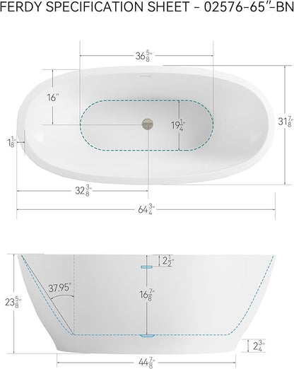 FerdY Koh Samui 65" Freestanding Bathtub, Elegant Oval Shape, Double Walled Insulation Bathtub with Center Brushed Nickel Drain & Minimalist Linear Design Overflow