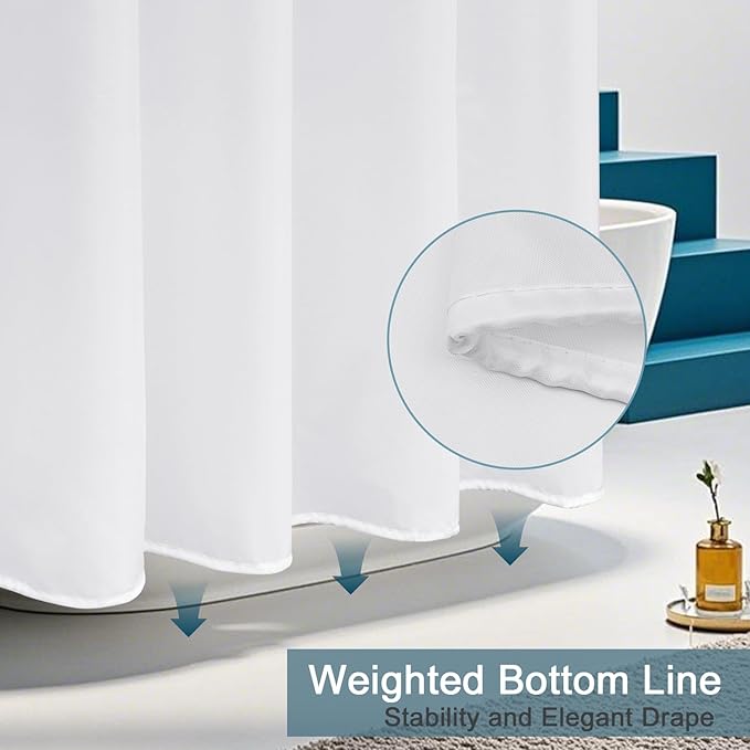 AooHome Extra Long Shower Curtain Liner, Fabric Shower Curtain with Hooks for Hotel, Waterproof, 72 Width x 84 Height Inch, White