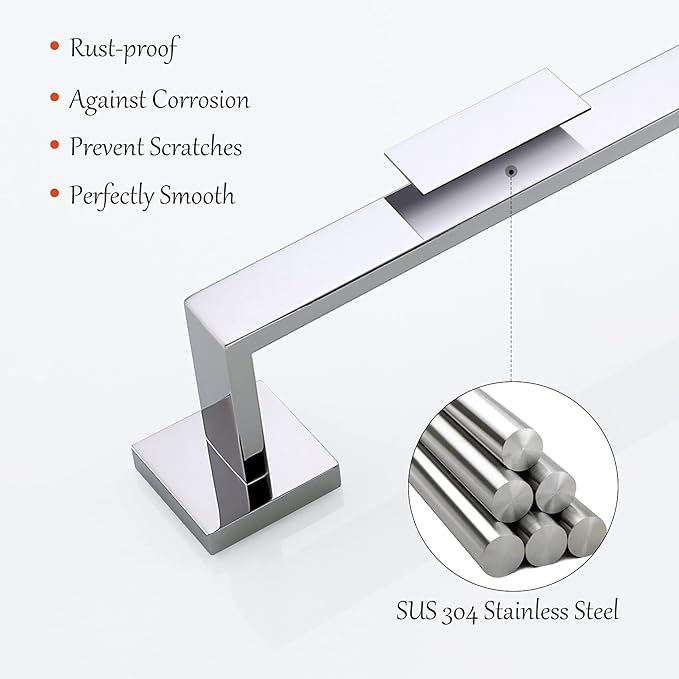 4-Piece Bathroom Hardware Set Chrome Bath Towel Bar Holder Sets Wall Mounted Stainless Steel Square Bathroom Accessory Kit, Polished Chrome 23.6 Inch