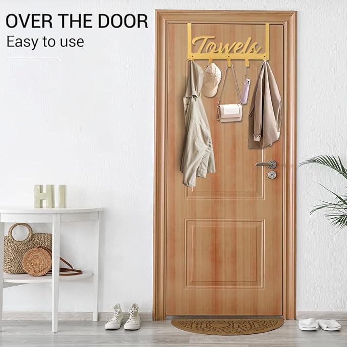Over The Door Hooks, Towel Rack Towel Hooks for Bathroom, Towel Holder for Hanging Heavy Duty, Door Rack Over Door Hanger with 5 Coat Hooks for Bedroom Bathroom Kitchen（Light Gold）