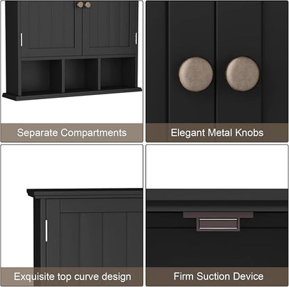 ChooChoo Bathroom Cabinet Wall Mounted 2-Door with 3 Open Shelves， Wooden Medicine Cabinets with Adjustable Shelf，Space Saver Storage Cabinets Over The Toilet for Bathroom&Living Room，Black