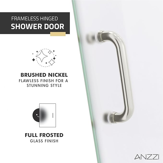 ANZZI 70" x 24" Frameless Frosted Shower Door in Brushed Nickel, Passion Water Repellent Glass Door with Seal Strip Parts and Handle, 5/16 Glass Hinged Shower Door with Handle (SD-AZ09-01BN-F)