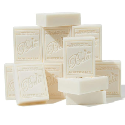 BELA Extra Creamy Goat Milk Soap 3.3 OZ Pack of 12, Long Lasting French Triple Milled Bar Soap Enriched with Organic Shea Butter, Hand, Face and Body Wash Bar, Made in Australia