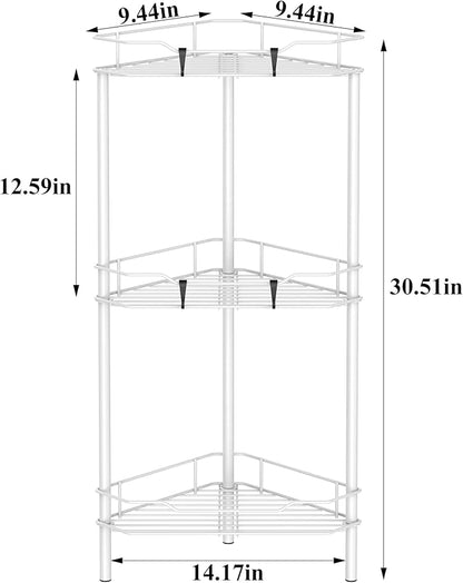 3 Tier Floor Standing Corner Shower Caddy Organizer Shelf with Hooks, Bathroom Shelves Stand Rack, White
