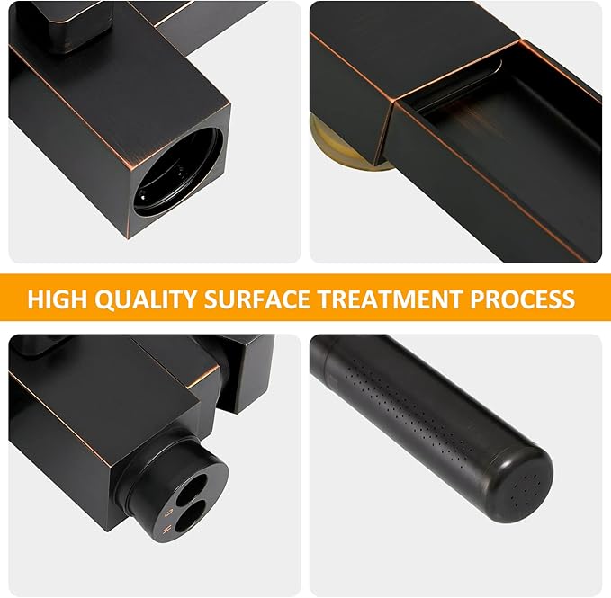 BESy Freestanding Bathtub Faucet Waterfall Tub Filler Oil Rubbed Bronze Floor Mount Brass Single Handle Bathroom Tub Faucets with 2 Function Hand Shower Wand