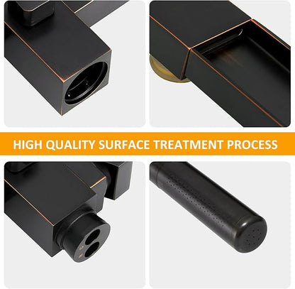 BESy Freestanding Bathtub Faucet Waterfall Tub Filler Oil Rubbed Bronze Floor Mount Brass Single Handle Bathroom Tub Faucets with 2 Function Hand Shower Wand