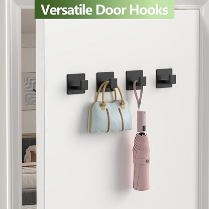 Adhesive Towel Hooks, Shower Hooks for Hanging Robe, Coat, Hat, Loofah, Heavy Duty Wall Hooks Stick on Bathroom, Kitchen and Office (4 Pack, Black)