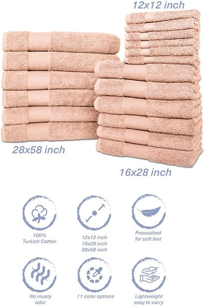 Hencely 18-Piece Bath Towel Set - High Absorbency, Quick Drying - 100% Soft Turkish Cotton - 6 Bath Towels, 6 Hand Towels, 6 Washcloths - for Bathroom, Home, Hotel, Spa, and Gym - 18-Pack Dark Peach