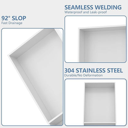 Homevacious 13" X 25" Stainless Steel Shower Niche No Tile Needed Double Shelves White Bathroom Shelf Rimless Recessed Wall Niche for Bathroom Storage
