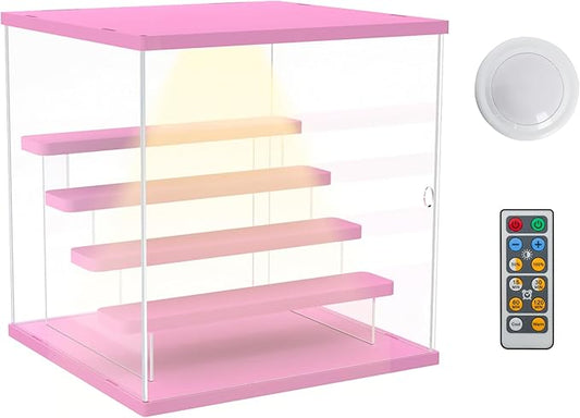 Choowin 5 Tier Clear Acrylic Lighted Display Case for Collectibles, Mini Figures, Pop Mart, Labubu, Sonny Angel, Smiski - Assemble Dustproof Display Box with Door, Stand (Pink Top Base, Clear Step)