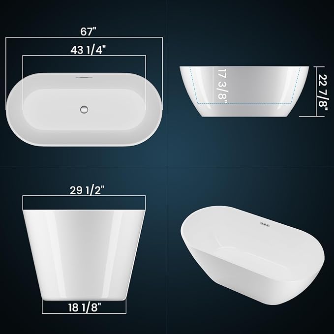 67" Free Standing Tub, Acrylic Freestanding Bathtub, Modern Soaking Tub with Integrated Overflow and Drain, White Bathroom Fixture, Stand Alone Bathtub, CUPC Certified, MB